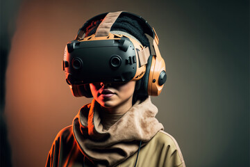 studio shot of a young woman wearing a VR device