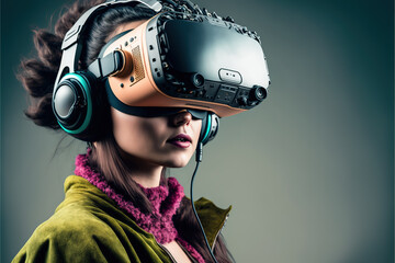 studio shot of a young woman wearing a VR device
