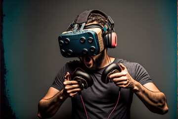 studio shot of a man wearing a VR device