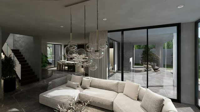 Living room interior in a luxurious modern house. 3D animation.