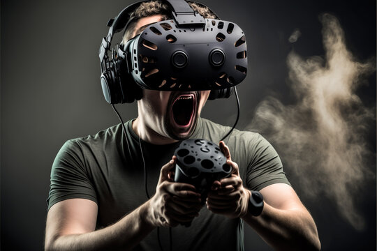 studio shot of a man wearing a VR device
