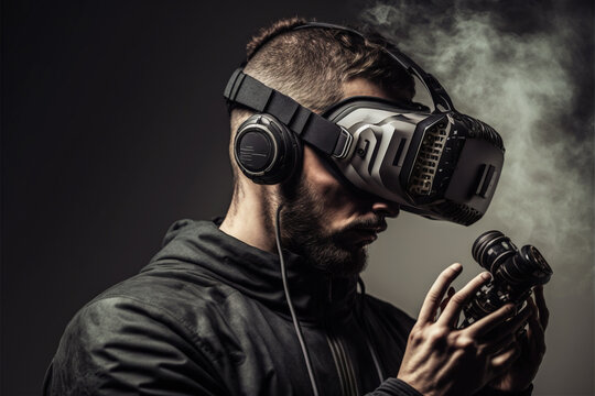 studio shot of a man wearing a VR device