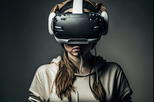 studio shot of a young woman wearing a VR device