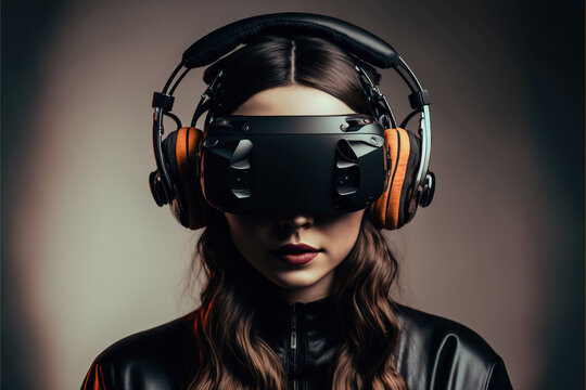 studio shot of a young woman wearing a VR device