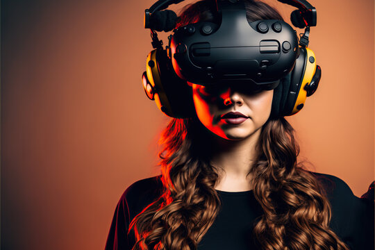 studio shot of a young woman wearing a VR device