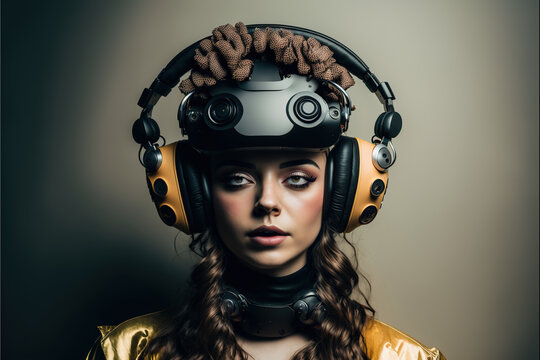 Studio shot of a young woman wearing a VR device