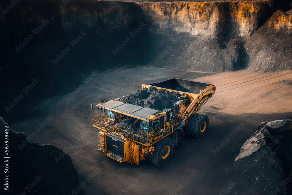 Aufkleber aerial panorama of a coal mine. big yellow mining truck for a coal quarry in an open pit mine. anthr
