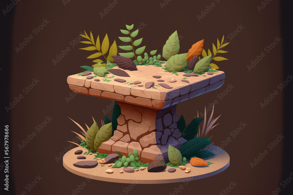 Poster on a brown background, a stone product display pedestal features natural foliage. generative ai