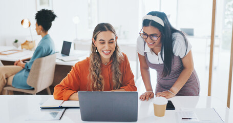 Success, fist bump or happy employees with a handshake in celebration of digital marketing sales...