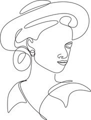 Abstract linear woman in hat. Minimal portrait. Head fashionable accessory. One line continuous. Beauty and glamour concept. Cap headgears for lady. Hand drawn vector illustration.