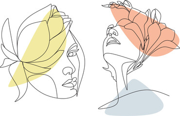 Abstract face with flowers by one line vector drawing. Portrait minimalistic style. Botanical print. Nature symbol of cosmetics. Modern continuous line art. Fashion print. Beaty salon logo.