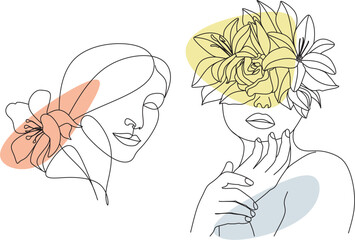 Abstract face with flowers by one line vector drawing. Portrait minimalistic style. Botanical print. Nature symbol of cosmetics. Modern continuous line art. Fashion print. Beaty salon logo.