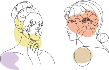 Abstract face with flowers by one line vector drawing. Portrait minimalistic style. Botanical print. Nature symbol of cosmetics. Modern continuous line art. Fashion print. Beaty salon logo.