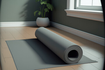 Unrolled grey yoga mat on floor in room. Generative AI