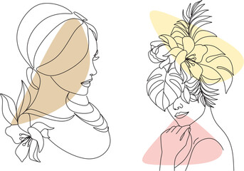 Abstract face with flowers by one line vector drawing. Portrait minimalistic style. Botanical print. Nature symbol of cosmetics. Modern continuous line art. Fashion print. Beaty salon logo.