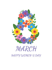 Postcard for March 8 to International Women's Day. Figure eight in the form of flowers and leaves.