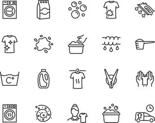Vector set of laundry line icons. Contains icons washing machine, detergent, dryer, gently washing, soap bubbles, wring, clothespin, ironing and more. Pixel perfect.