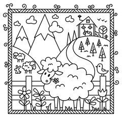 Sheep in the mountains. Black and white vector illustration for coloring book.