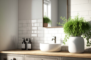 Fototapeta na wymiar View of white tiles and a contemporary bathroom sink vanity. Generative AI