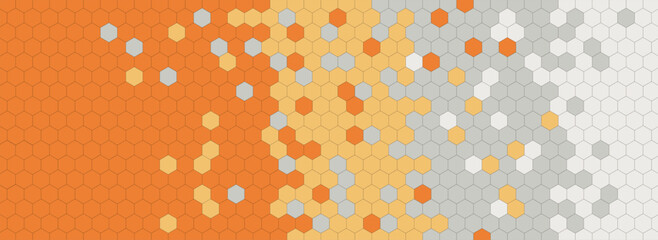 正六角形ヘキサゴンの幾何学的パターンで描かれた白グレーオレンジのグラデーションのバナー用ベクター画像