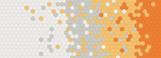 正六角形ヘキサゴンの幾何学的パターンで描かれた白グレーオレンジのグラデーションのバナー用ベクター画像