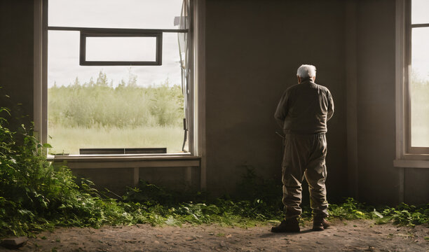 View of an old man in an abandoned appartment with giant windows in the background - AI Generative