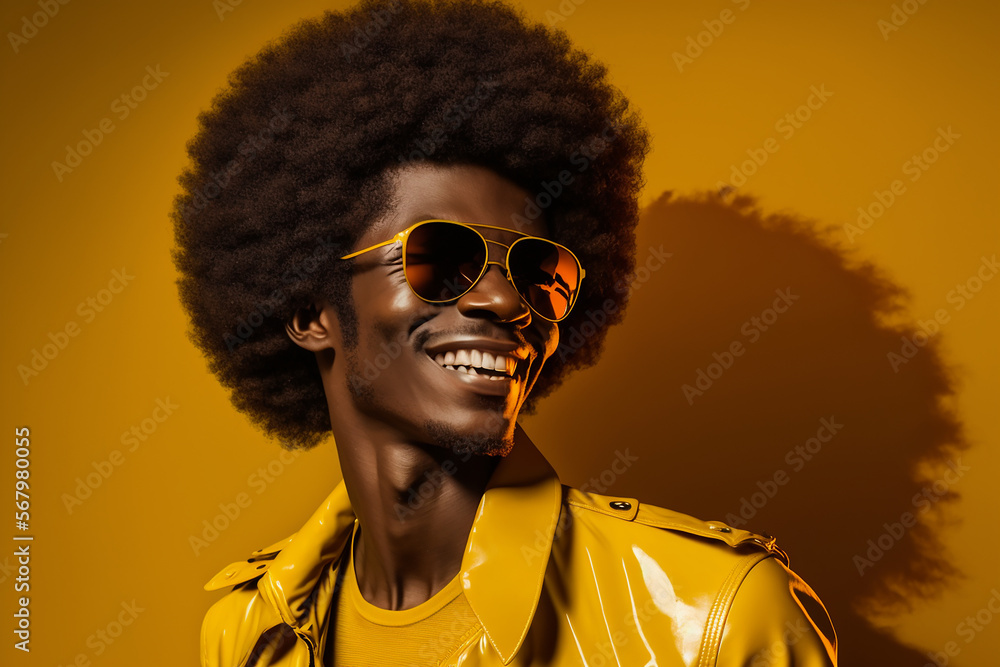 Wall mural Full body portrait, Stock photography portrait of an afro haired man wearing sunglasses smiling, yellow background. Ai generated art