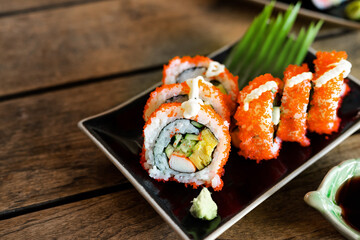 Sashimi, Sushi salmon & tuna sushi shrimp and wasabi on the wood table