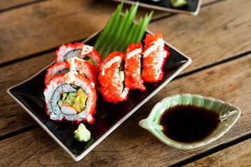 Sashimi, Sushi salmon & tuna sushi shrimp and wasabi on the wood table
