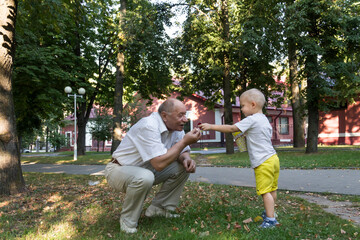 A little grandson in yellow shorts carefully and lovingly feeds a balding grandfather with popcorn from a yellow glass in an amusement park.
