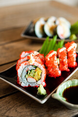 Sashimi, Sushi salmon & tuna sushi shrimp and wasabi on the wood table