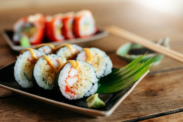 Sashimi, Sushi salmon & tuna sushi shrimp and wasabi on the wood table