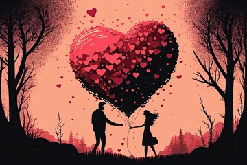 Couple man and woman sending love with heart balloons. Valentine's day illustration concept. Generative AI.
