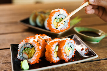 Sashimi, Sushi salmon & tuna sushi shrimp and wasabi on the wood table
