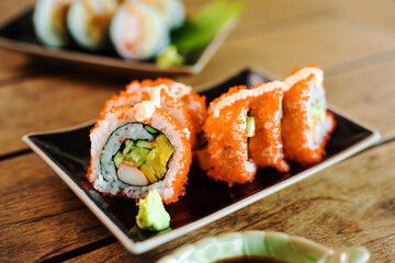 Sashimi, Sushi salmon & tuna sushi shrimp and wasabi on the wood table