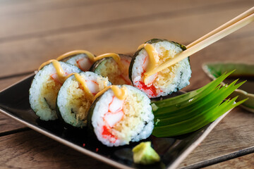 Sashimi, Sushi salmon & tuna sushi shrimp and wasabi on the wood table