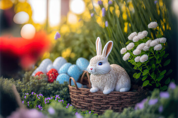 Cute Easter bunny in the wicker basket with blue Easter eggs, beautiful outdoor flower garden background. Selective focus. AI generated.