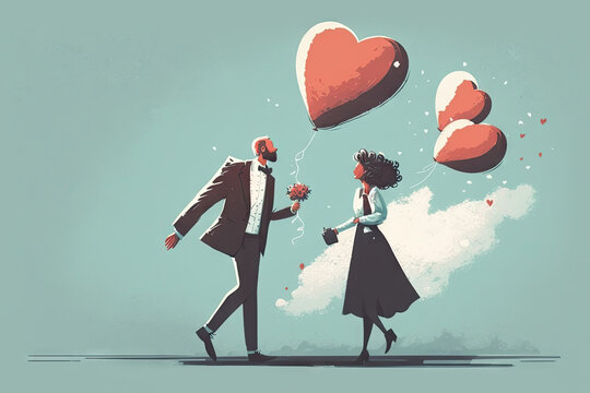 Couple man and woman sending love with heart balloons. Valentine's day illustration concept. Generative AI.