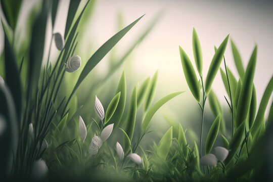 Close up selective focus spring nature floral background with copy space. Blurry organic green landscape, Bright fresh grass backdrop with place for text. AI generative image.