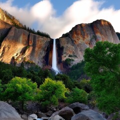 Wallpaper Landscape and Nature painting - Mountain with waterfall and trees scenic landscapes and natural wonders - used as a wall painting - digital painting