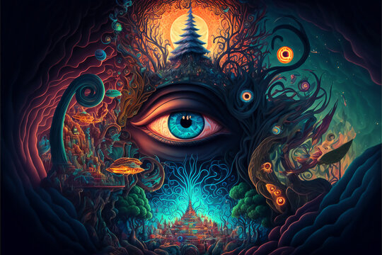 DMT art, dimethyltryptamine, psychedelic wallpaper, Generative AI.