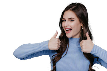 Close up of beautiful brunette woman in lilac sweater showing thumbs up, smiling over transparent background with empty space for ad. Attractive girl screaming in surprise. Mockup sales, discount.