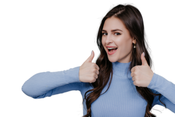 Close up of beautiful brunette woman in lilac sweater showing thumbs up, smiling over transparent background with empty space for ad. Attractive girl screaming in surprise. Mockup sales, discount.