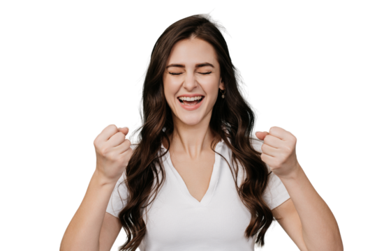 I did it! Attractive hispanic girl with wavy brown hair in white t-shirt screaming eye closed with wide smile raising her clenched fists in winner way. Woman celebrates success. transparent background - Powered by Adobe