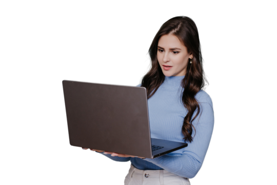 Adorable brunette hispanic businesswoman in casual holds new laptop looks at screen surprised by perfect quality standing against transparent background. Female manager works using computer. Mockup