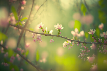 Fototapeta na wymiar Close up spring cherry blossom branches with beautiful pink flowers. Floral outdoor nature background with selective focus and bokeh effect. Sun bright light background. AI generative image.
