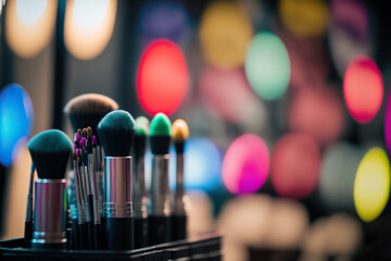 Close up make-up brushes, selective focus with blurred bokeh background. Beauty industry horizontal banner with copy space. Visage objects illustration. AI generative image.
