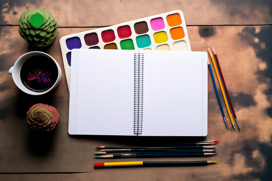 Blank sketchbook mockup with watercolor palette and artistic accessories on wooden table background. Copy space. Flat lay composition. Creative hobby concept. AI generative image.