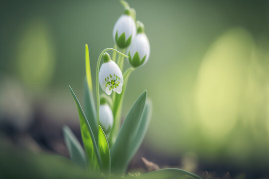 Beautiful outdoor spring nature background with fresh wild Leucojum flowers. Selective focus close up floral backdrop with copy space. Leucojum vernum. AI generative image.