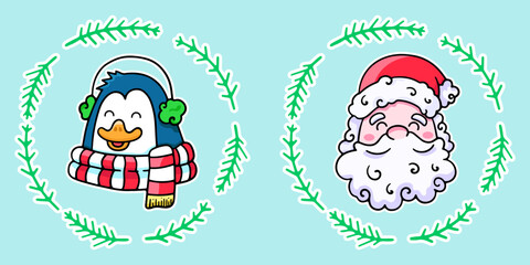 Cute cartoon Santa Claus and the penguin, vector design element, hand drawn